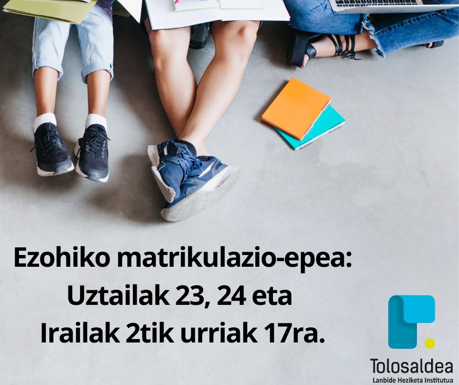 Ezohiko matrikulazio epea hasten da.
Informazio gehiago: 👇
tolosaldea.hezkuntza.net/eu/matrikula
edo
euskadi.eus/informacion/la…