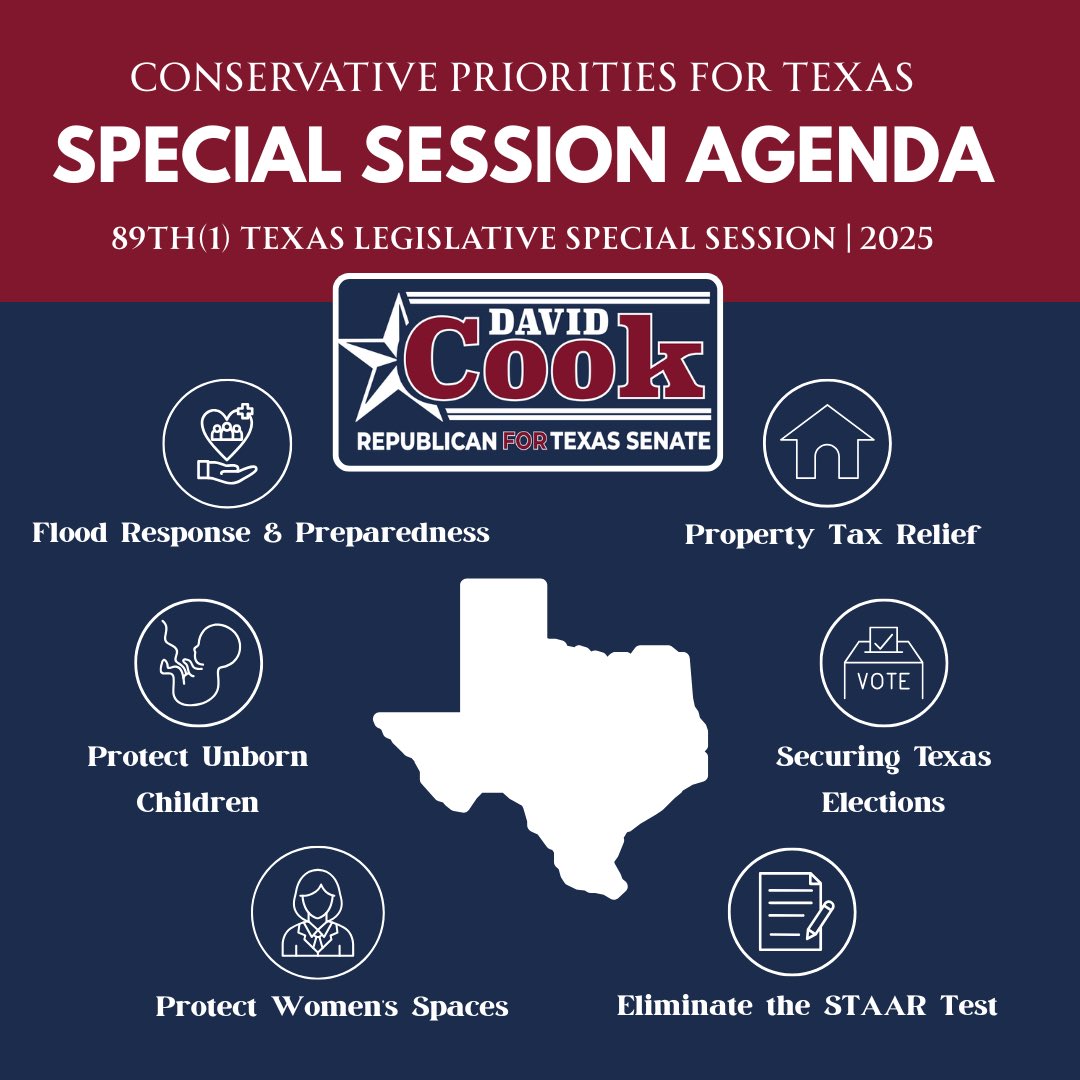 DavidCookTexas's tweet image. This special session is about protecting Texans, improving emergency response, and defending our values. We’ve got important work ahead. #txlege
To read the full list of priorities, click here: ⬇️ gov.texas.gov/news/post/gove…