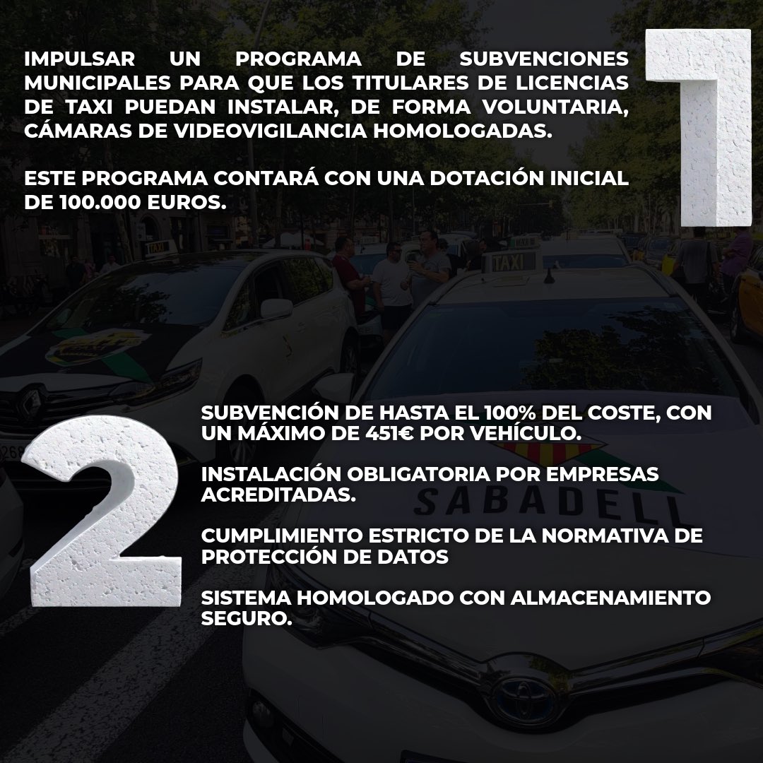 Sabadell_VOX's tweet image. 🚨VOX SABADELL EXIGE SUBVENCIONAR LA INSTALACIÓN DE CÁMARAS EN LLS TAXIS.
5 medidas para mejorar la seguridad de conductores y pasajeros en Sabadell.