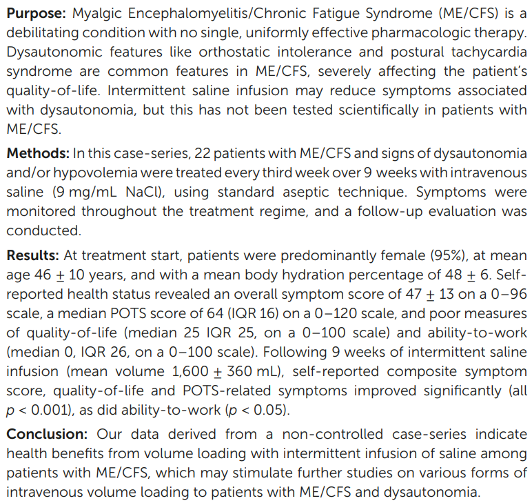TomKindlon's tweet image. Fulltext now published:
Beneficial effects of intermittent intravenous saline infusion in dysautonomic patients with Myalgic Encephalomyelitis/Chronic Fatigue Syndrome: a case-series
frontiersin.org/journals/neuro…
Hopefully a double-blind trial will be done somewhere
#MEcfs #CFS