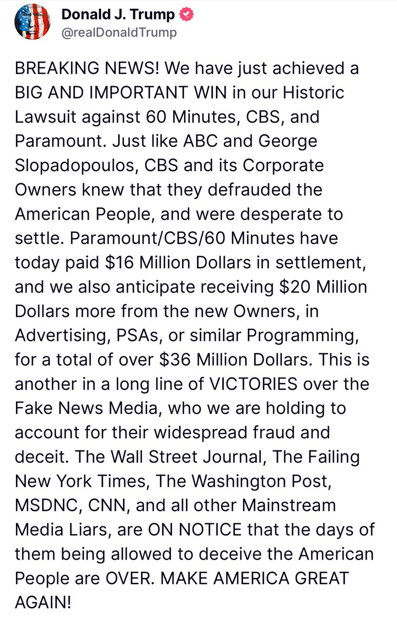 samuelffisher's tweet image. BREAKING: President Trump Just WON a $36 Million Lawsuit Against CBS & 60 Minutes
Here’s what happened:
✅ CBS & 60 Minutes paid $16M to settle
✅ Another $20M in PSAs & ad credits expected
✅ Total: Over $36 Million in damages
✅ Trump promises: “The Fake News Days Are…