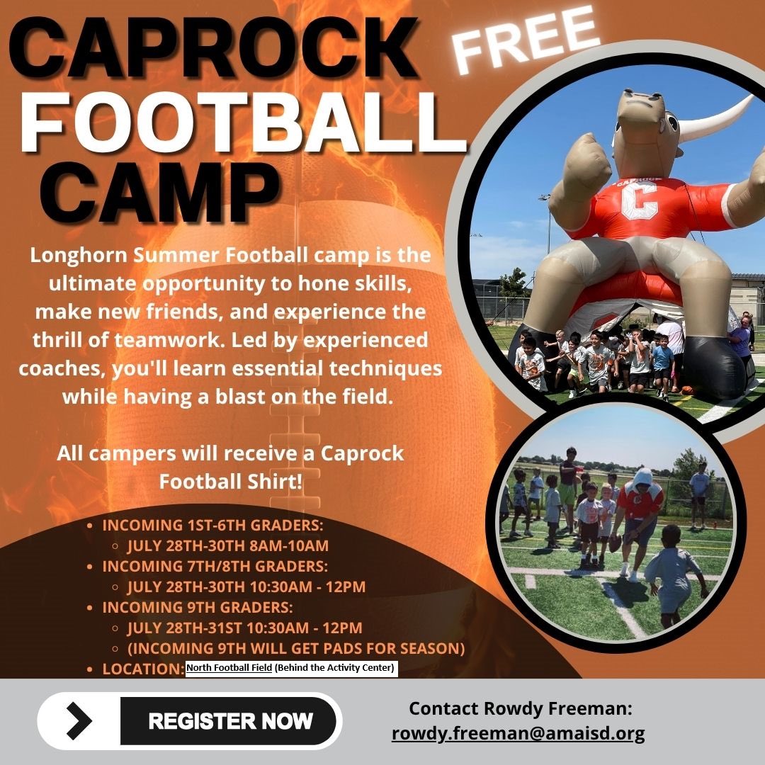 CRockHorns's tweet image. Next Week! Please register here: docs.google.com/forms/d/e/1FAI…
Camp will be held on the North Football Field (Behind the Activity Center) instead on the soccer field. We look forward for our campers! @CaprockHigh_TX @teamaisd