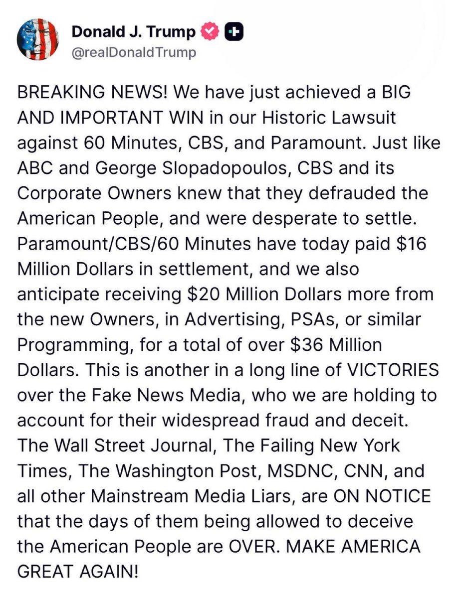 saras76's tweet image. President Trump won his 60 Minutes lawsuit, for a total of over $36 MILLION.
Next!!