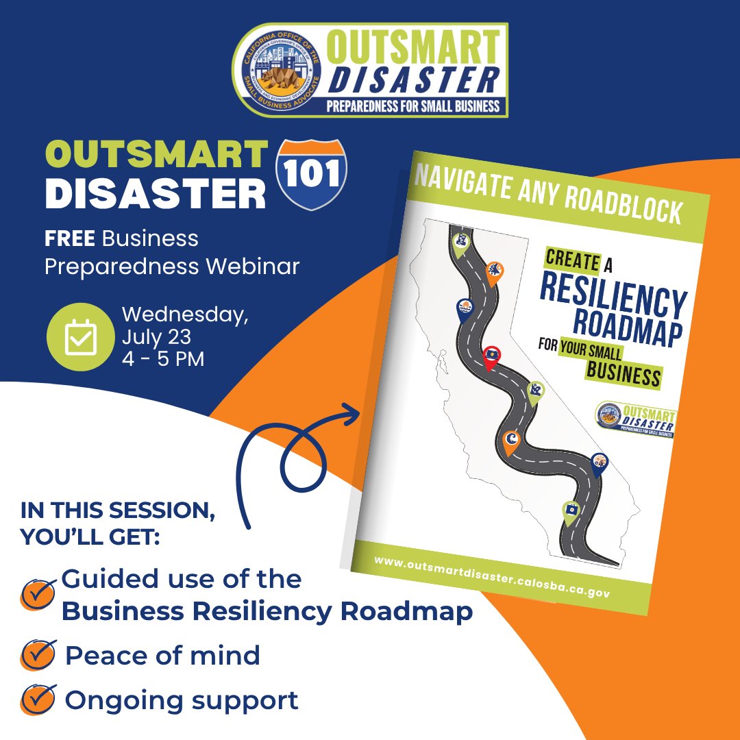 CaliforniaOSBA's tweet image. ๐ผ Small business owners: are you ready for the unexpected?
Join CalOSBA & @OutsmrtDisaster for a FREE webinar on building a resilient biz before disaster strikes. ๐คโก๏ธ๐ง
๐
July 23 | 4โ5 PM
๐ bit.ly/OD-101
๐
Espaรฑol: July 30 | 4โ5 PM
๐ bit.ly