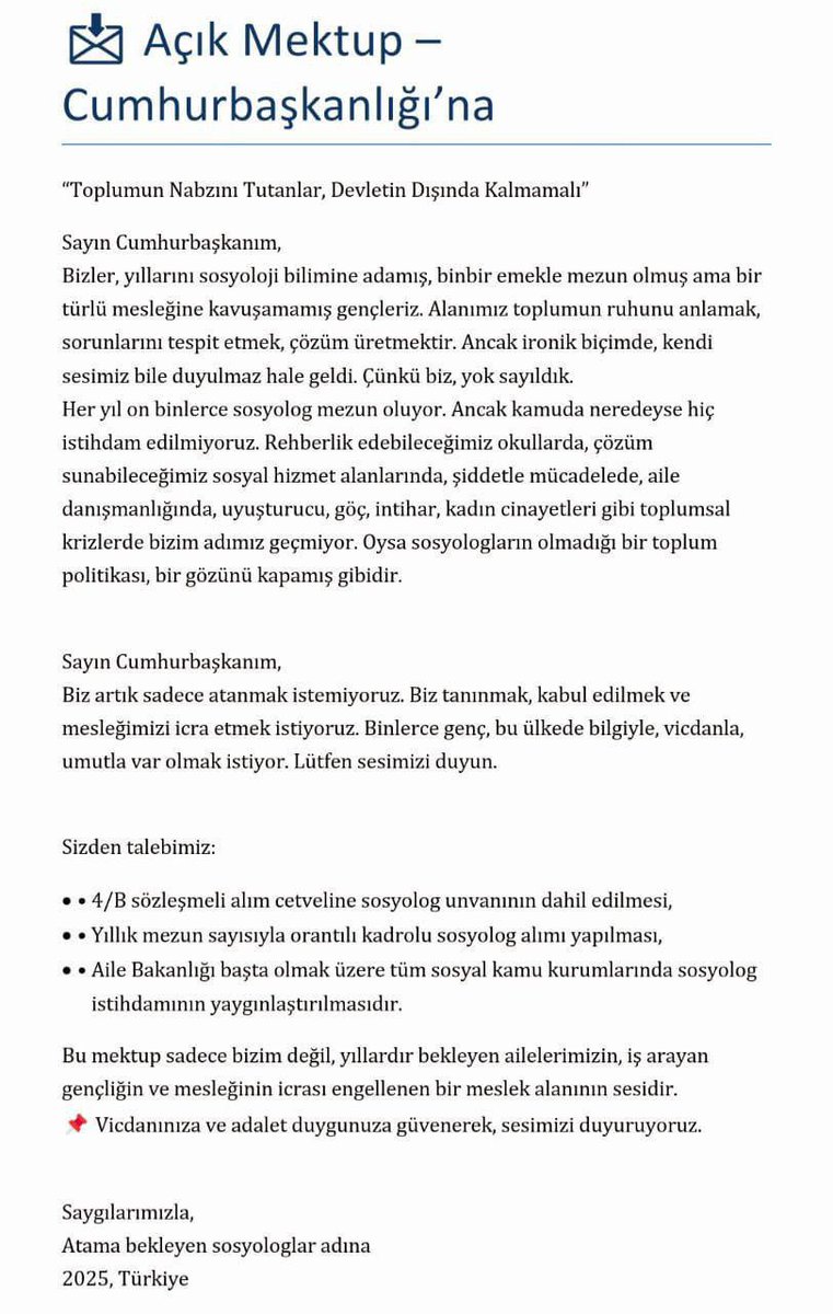 Türkiye'yi her anlamdaki kaos ortamından sıyırıp düzlüğe çıkarmadaki en büyük silah sosyologlardır. 
#SosyologlardanCByeAçıkMektup