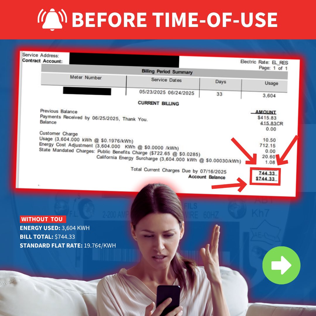 IIDatWork's tweet image. 💡 You Have the Power to Save!
This customer used 3,604 kWh in one month.
💸 With the standard rate: $744.33
✅ With Time-of-Use: $645.50
That’s $98.83 in savings — just by shifting energy use away from 4–9 PM!
TOU is optional and works best for homes that can use more…