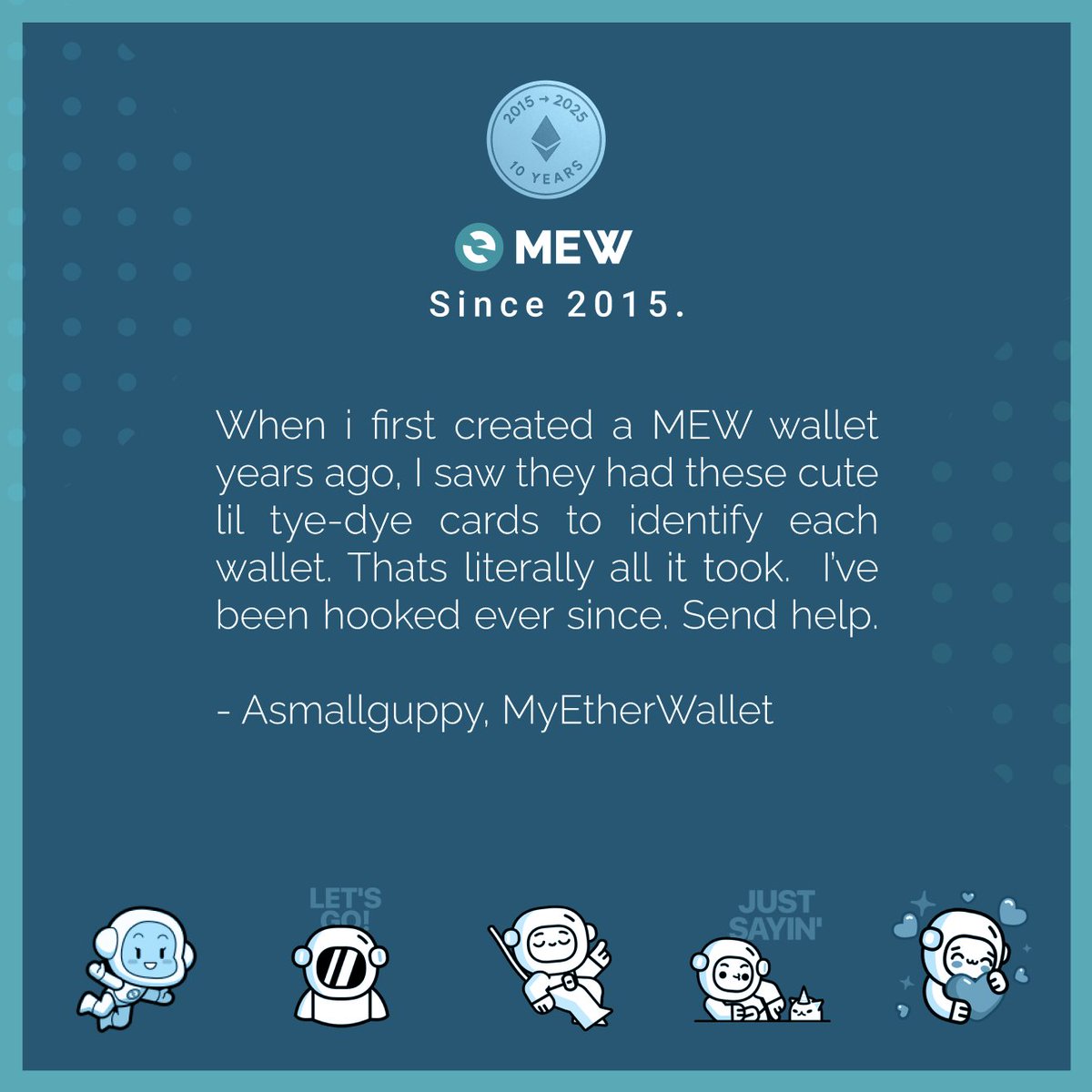 myetherwallet's tweet image. What's your favorite Ethereum and/or MEW memory from over the last 10 years? 💭
It can be anything - watching the merge happen, minting a specific NFT, earning 500% APY for a day, etc!!
Fill out the Google Form here and your memory could be featured! 👉 forms.gle/ZwvM3JtNgR2tQ3…