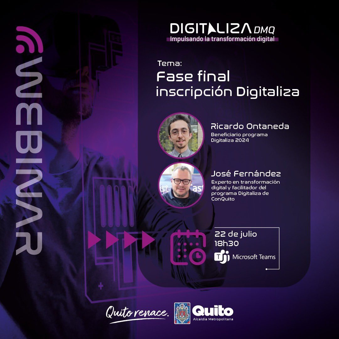 🛜#AprendeConQuito | ¡No te pierdas nuestro webinar sobre Transformación Digital!

En el marco del programa #Digitaliza, este 3 de julio, a las⏰18h30, aprende cómo culminar exitosamente tu postulación.

Regístrate aquí 👇
acortar.link/digitaliza2025

#QuitoRenace