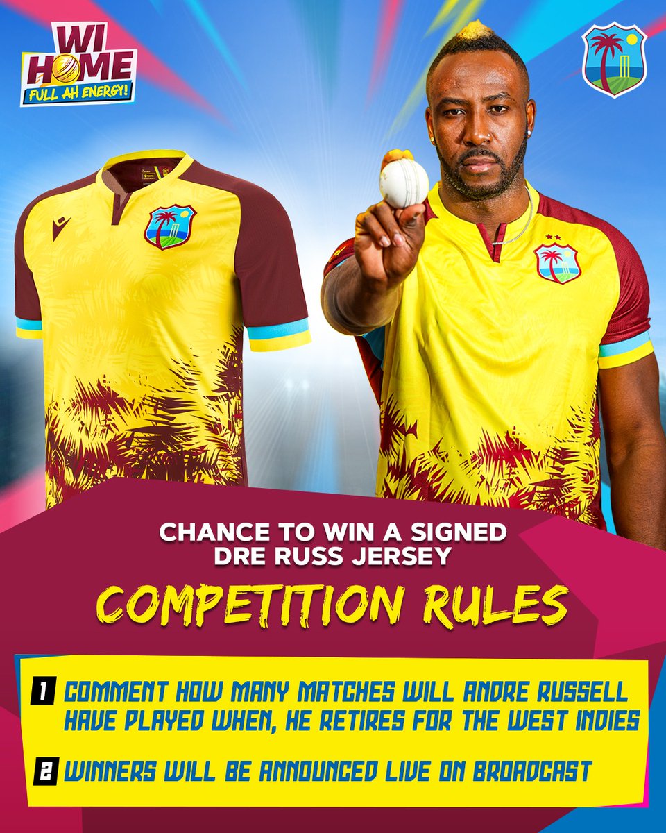 windiescricket's tweet image. 🎁 GIVEAWAY TIME! 🎁
Want to win a SIGNED Dre Russ Jersey shirt? 👕✨
Comment & watch the 5 T20I v Australia to see the winners announced on air!
#WIvAUS | #FullAhEnergy | #DreDay