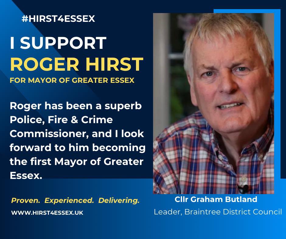Hirst4EssexPFCC's tweet image. I’m very grateful to Graham Butland for his support for me as candidate for Mayor of Greater Essex. We’ve worked together on many projects in his district, from Halstead to Witham and Braintree, and I know how much he cares for his residents.