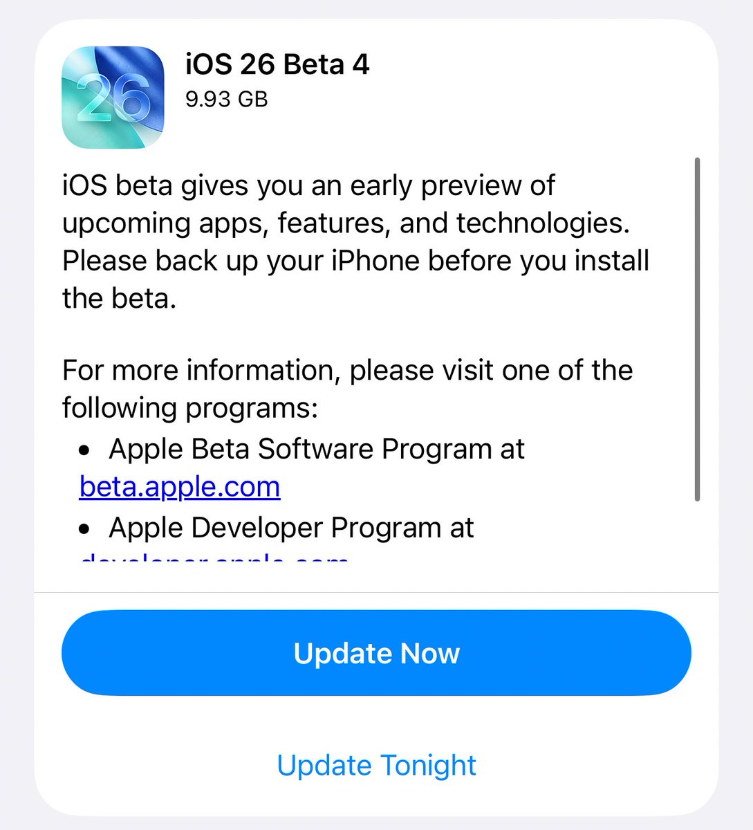 TheGalox_'s tweet image. Liquid Glass has apparently returned with iOS 26 Beta 4 so I’m extremely excited to update
Also, it’s huge at almost 10gb