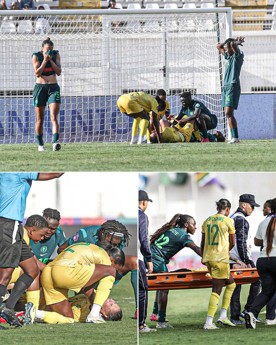 ESPNAfrica's tweet image. South Africa's Gabriela Salgado appeared to have suffered a serious injury during their WAFCON semifinal against Nigeria, leaving players visibly distraught after witnessing the incident.
Both teams came together to console her as she was stretchered off ❤️