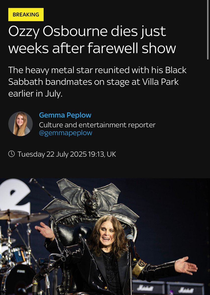 Ozzy Osbourne has died at the age of 76.

He went out like a legend! 🦇

Rest in Peace now. 🙏🏼