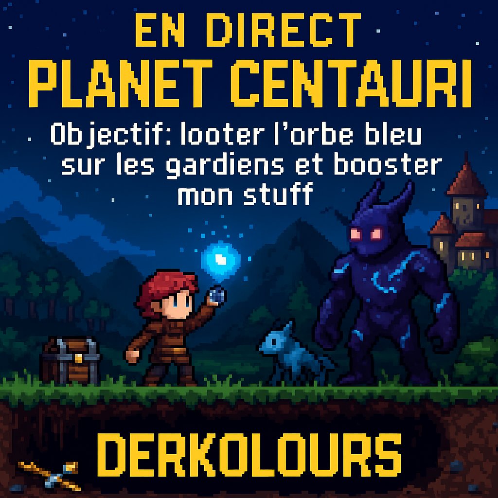 derkovlev's tweet image. Ce soir 20h30 sur Planet Centauri 🔵  
Objectif : looter l’orbe bleu sur les gardiens et booster mon stuff 🔥  
Crafts, boss, RNG et pixel vibes !  
▶️ LIVE maintenant : twitch.tv/Derkolours  
#PlanetCentauri #PixelArt #LiveFR #RPG #IndieGame