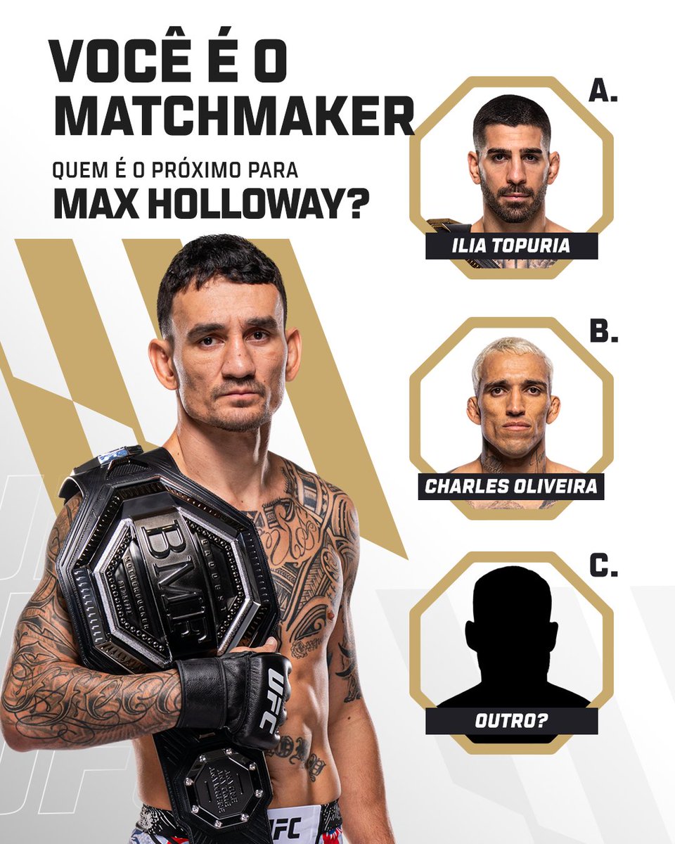 UFCBrasil's tweet image. O patrão já falou, o @BlessedMMA também... E pra você, quem seria o próximo adversário do atual campeão #BMF? 🏆🔥
Deixe nos comentários ⤵️