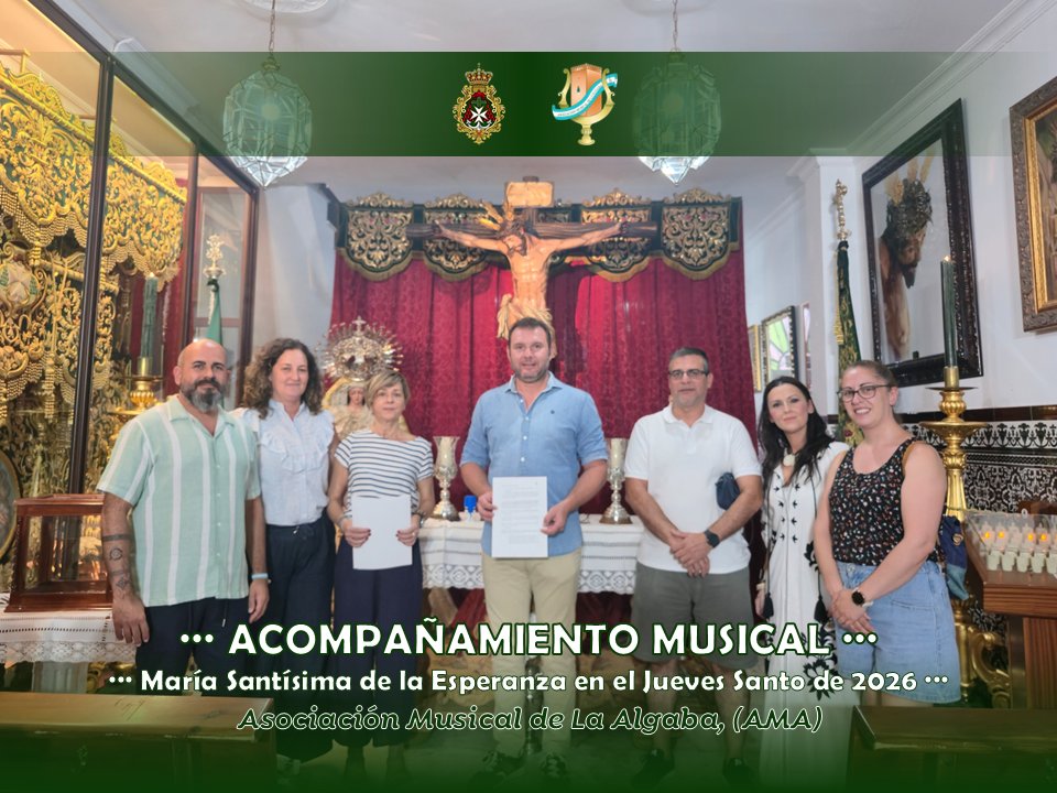 Santa VeraCruz de La Algaba (@veracruzalgaba) on Twitter photo 🟢 #ComunicadoOficial | ACOMPAÑAMIENTO MUSICAL JUEVES SANTO 2026
En la tarde de ayer lunes, día 21 de julio de 2025, tuvo lugar la rúbrica del contrato con la <a href="/amalgaba/">Asociación Musical de La Algaba</a>, para poner los sones a nuestra Titular, María Santísima de la Esperanza, en la tarde/noche del próximo Jueves 🟢 #ComunicadoOficial | ACOMPAÑAMIENTO MUSICAL JUEVES SANTO 2026
En la tarde de ayer lunes, día 21 de julio de 2025, tuvo lugar la rúbrica del contrato con la <a href="/amalgaba/">Asociación Musical de La Algaba</a>, para poner los sones a nuestra Titular, María Santísima de la Esperanza, en la tarde/noche del próximo Jueves
