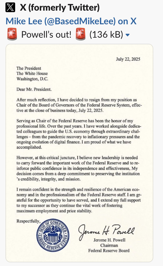 From his BasedMikeLee account, Senator Lee posted, then deleted, a document that he said was Fed Chairman Jerome Powell's letter of resignation to Trump