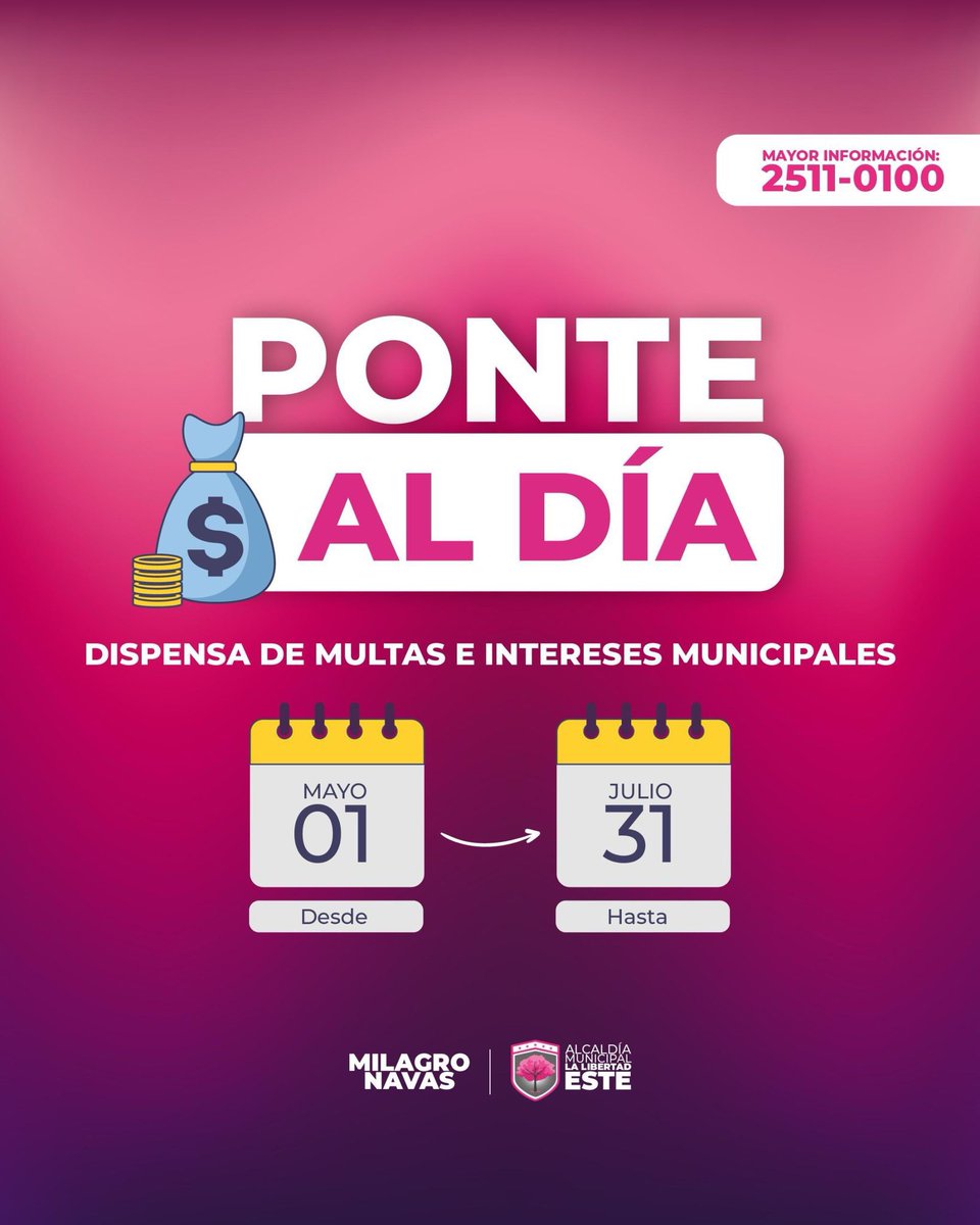 💰☀️Recuerda, aun está vigente la dispensa de multas e intereses municipales.

Paga tus impuestos, ponte al día!
.
#LaLibertaEste