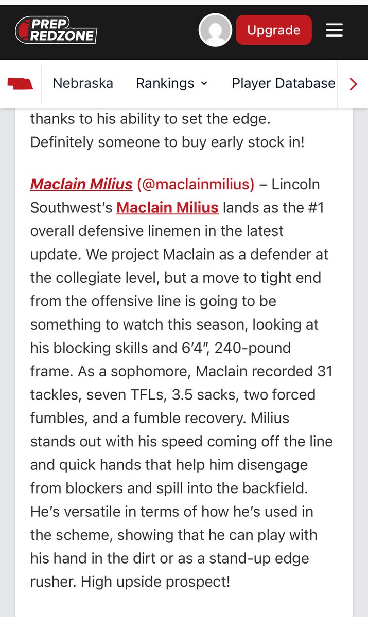 maclainmilius's tweet image. Thanks for the write up! Honored to be ranked #1 DL in Nebraska. @PrepRedzoneNE @PRZ_OscarG