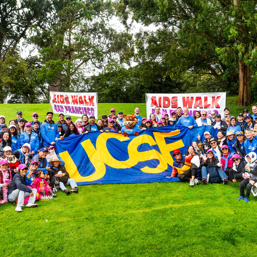 UCSF's tweet image. UCSF has been part of AIDS Walk San Francisco since the very beginning. This year, our teams proudly showed up again to walk in solidarity, raise funds and continue our long legacy in the fight against HIV/AIDS. #UCSFProud