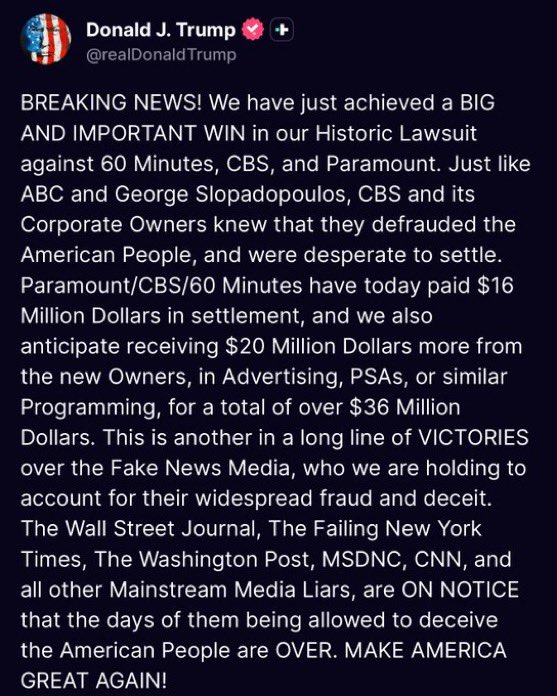 Frank_Kopylov1's tweet image. #BREAKING: President Trump officially announces a settlement with CBS equating to $36 MILLION over 60 Minutes’ deceptive editing of Kamala’s interview.