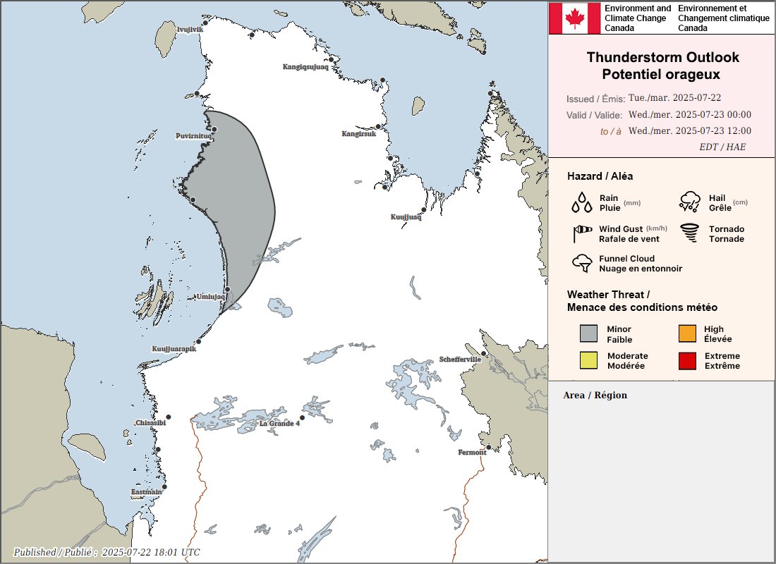 ECCC Weather Quebec (@ecccweatherqc) on Twitter photo Thunderstorm outlooks for Quebec valid tomorrow, July 23rd.
Any report of damage can be sent to Environment and Climate Change Canada using #QCstorm or by emailing QCstorm@ec.gc.ca. Thunderstorm outlooks for Quebec valid tomorrow, July 23rd.
Any report of damage can be sent to Environment and Climate Change Canada using #QCstorm or by emailing QCstorm@ec.gc.ca.