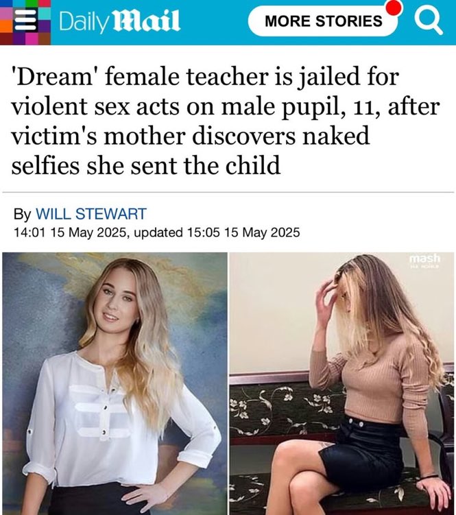 NickBuckleyMBE's tweet image. Another female school teacher abusing kids. More female pedos are in schools than male. Why? Because we do not look upon women as potential abusers - so they get away with it more.