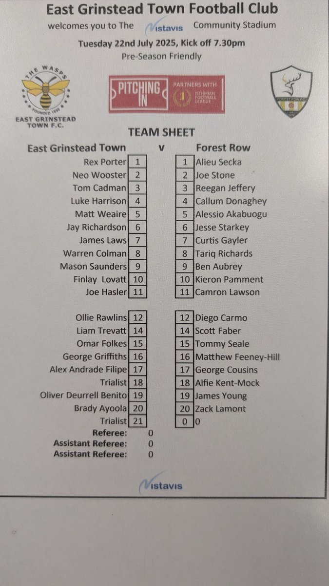 East Grinstead Town FC (@egtfcwasps) on Twitter photo Tonight's line ups for our pre season friendly hosting <a href="/FrowFC/">Forest Row FC (P)</a> at the Vistavis Community Stadium Tonight's line ups for our pre season friendly hosting <a href="/FrowFC/">Forest Row FC (P)</a> at the Vistavis Community Stadium