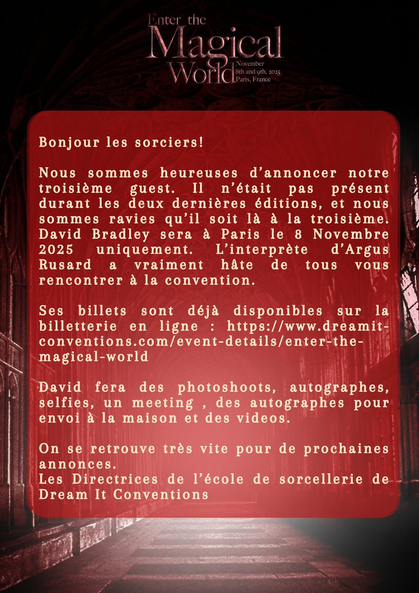 DreamitCon's tweet image. #ETMW3 David Bradley est notre 3ème guest. Il sera à Paris le 8 Novembre 2025 pour la convention "Enter the Magical World 3". / David Bradley is our 3rd guest. He will be in Paris on November 8, 2025 for the "Enter the Magical World 3" convention. dreamit-conventions.com/event-details/…