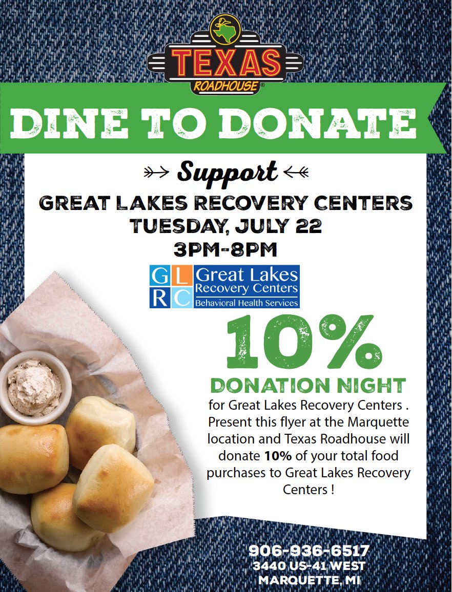Come join us at Texas Roadhouse from 3-8pm today for our Dine to Donate Fundraiser.

You will also be able to register for the Run for Recovery while waiting for your table.