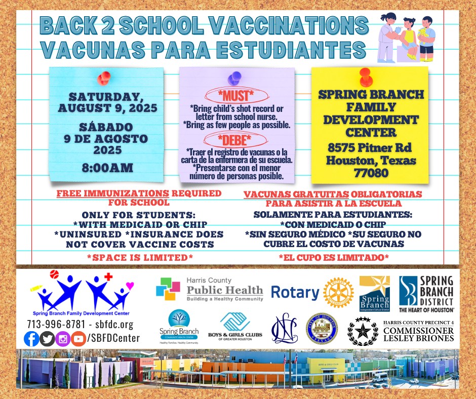 BACK 2 SCHOOL VACCINATIONS 📚💉  
VACUNAS PARA ESTUDIANTES  
SATURDAY, AUGUST 9  

*Please bring your child's vaccination record or a letter from the school nurse.*  
Limit the number of attendees to as few as possible.*  

Don't miss this opportunity to ensure your child is