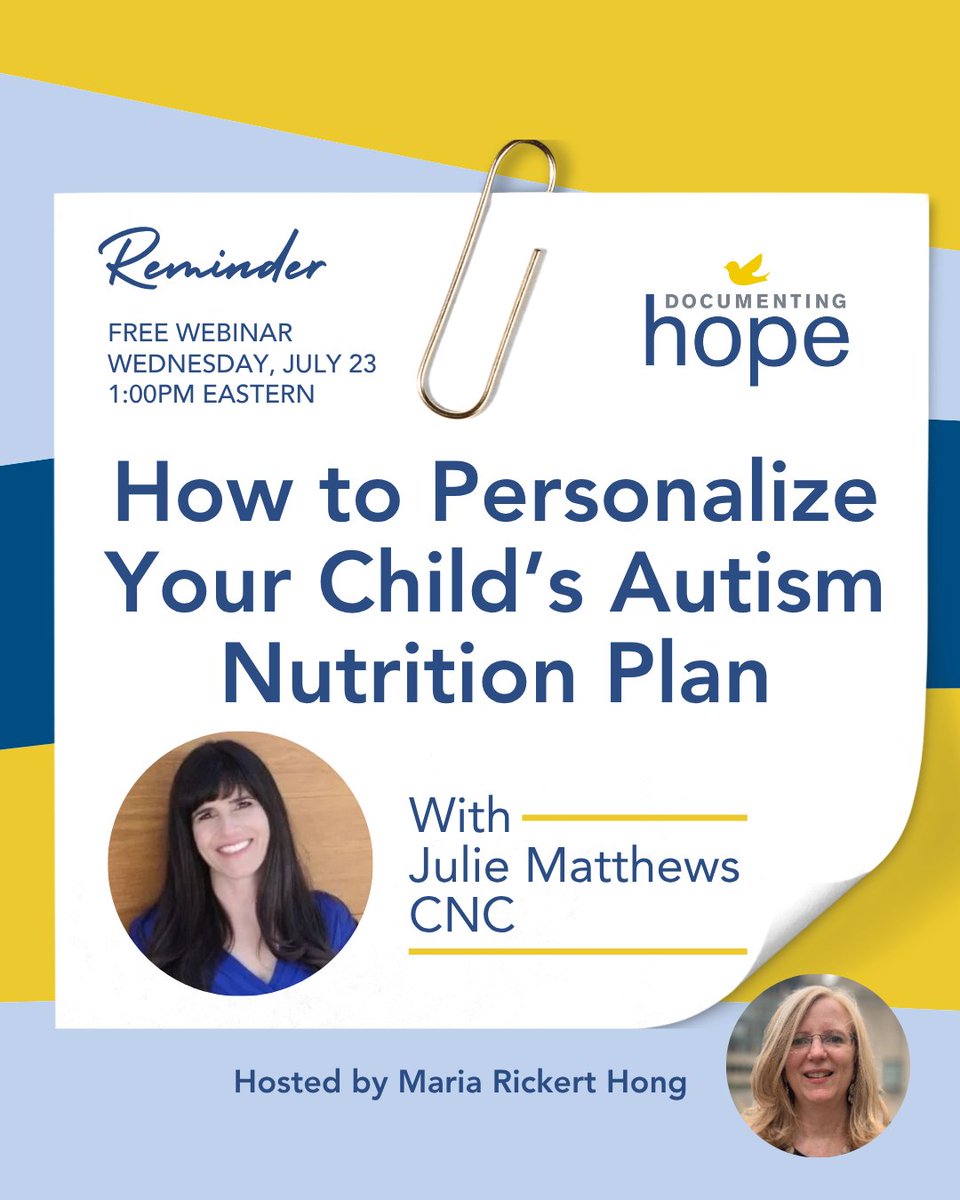 DocumentingHope's tweet image. Free webinar TOMORROW! How to Personalize Your Child’s Autism Nutrition Plan with Julie Matthews
Join us Wednesday, July 23rd at 1:00pm ET for a free live webinar on how to personalize your child’s autism nutrition plan.
💛 Learn how to:
• Reduce inflammation and improve…