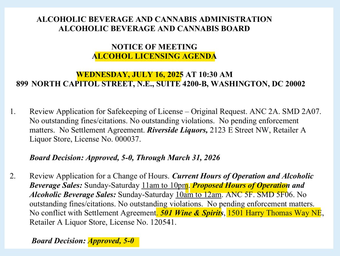 ScottRobertsDC's tweet image. some #EckingtonDC @ANC5F news from the Wed, 07-16-2025, @DCGov_ABCA Dispositions Report

regarding proposed hours of operations and alcoholic beverage sales at 501 Wine &amp;amp; Spirits, 1501 Harry Thomas Way NE

🥃