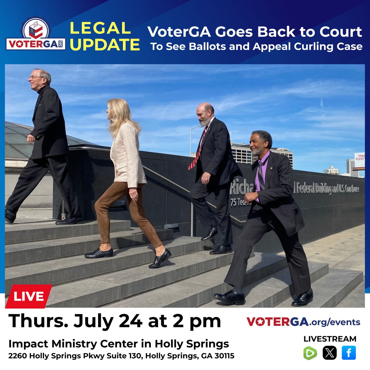 VoterGa's tweet image. ⚖️🧑⚖️ VoterGA is going back to court! Find out all about VoterGA's cases directly from Garland Favorito this Thursday, July 24 in Holly Springs at 2 pm.
If you're in the North Metro area, be there and fill the room!
Can't make it? We've got you covered, we'll live-stream it…