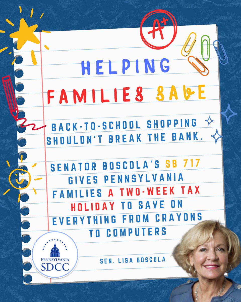 PaSDCC's tweet image. "Back-to-school shopping costs are up and PA families need relief. Sen. Boscola’s bill would give a 2-week tax holiday in August on supplies and tech like laptops under $1,500. Real savings when it matters most. #PASDCC #BackToSchool"