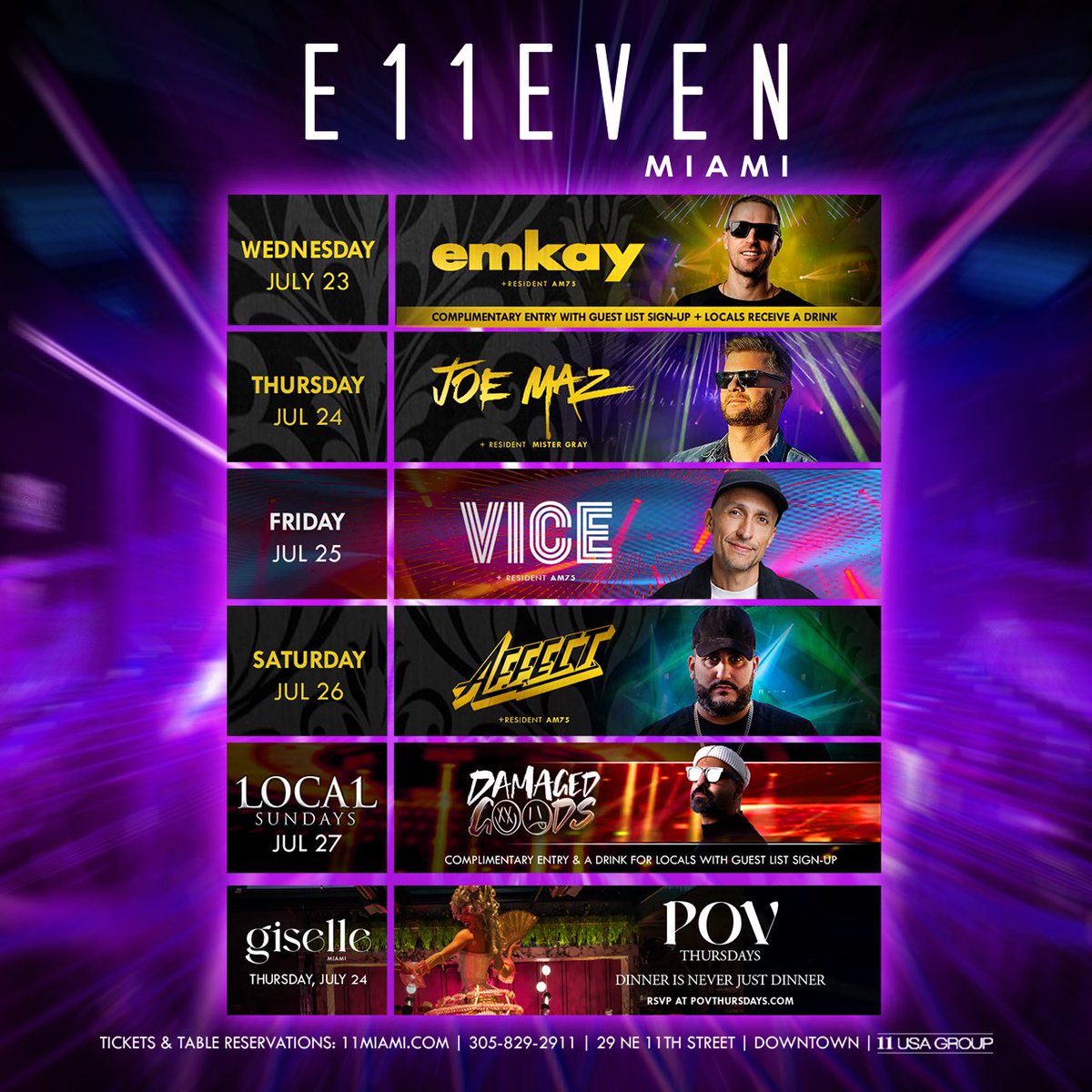 This week at E11EVEN 😎

Weds, July 23 - <a href="/djemkay/">DJ EMKAY</a> 
Thurs, July 24 - <a href="/JoeMaz/">JOE MAZ</a> 
Fri, July 25 - <a href="/djvice/">VICE</a> 
Sat, July 26 - <a href="/DJAFFECT/">DJ AFFECT</a> 
Sun, July 27 - <a href="/Iamdamagedgoods/">DAMAGED GOODS</a> 

Tickets &amp; Tables: 11miami.com/events