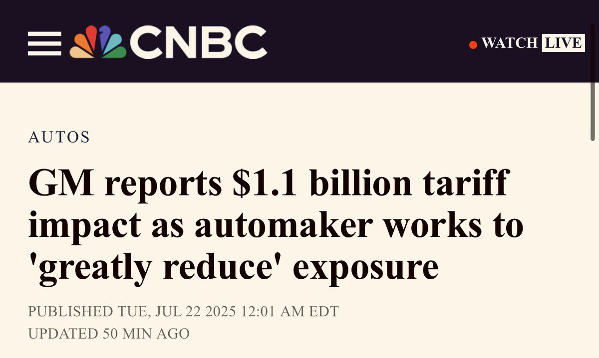 sarbjeetjohal's tweet image. GM crushing me today! Down 7% after earnings this morning.
GM reports $1.1 billion tariff impact as automaker works to 'greatly reduce' exposure. A CNBC report from @amccadd: cnbc.com/2025/07/22/gen…