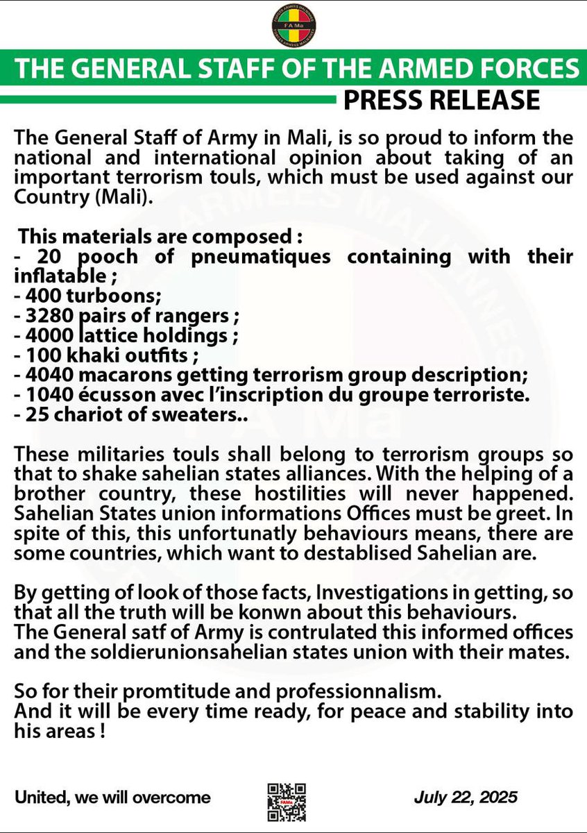 DirpaFa's tweet image. #FAMaActu In English
The General Staff of Army in Mali, is so proud to inform the national and international opinion about taking of an important terrorism touls, which must be used against our Country (Mali).