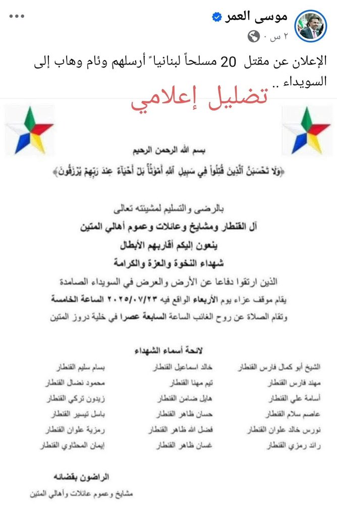 suwayda24's tweet image. تحقق | في ظل استمرار حملة التضليل الإعلامي الممنهجة لتبرير جرائم الإبادة في محافظة السويداء، زعم الإعلامي موسى العمر أحد أبرز وجوه "الإدارة الانتقالية"، عن مقتل عشرين مسلحاً لبنانياً أرسلهم وئام وهاب إلى السويداء، مستنداً إلى نعوة انتشرت في لبنان لشهداء من آل القنطار.
ومن خلال…