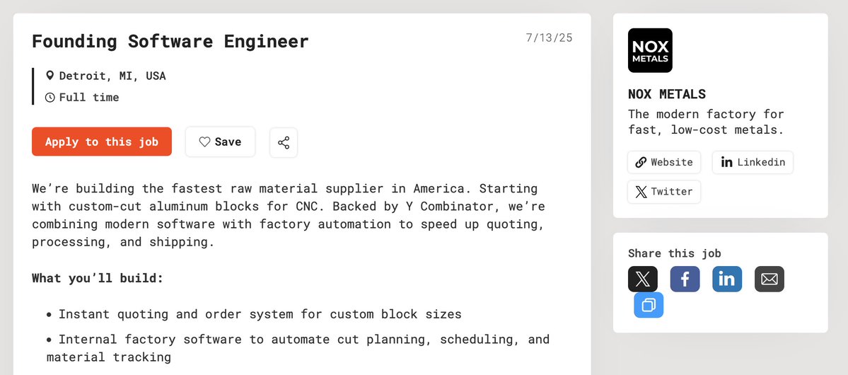 joinindustrion's tweet image. Nox isn't looking for remote. They’re looking for factory-deployed. Founding Software Engineer in Detroit.
Build real software for real machines. Speedrun raw material supply.
Cut blocks, ship metal, rewrite how factories run.
Apply here: jobs.industrion.co/job/1780457-fo…