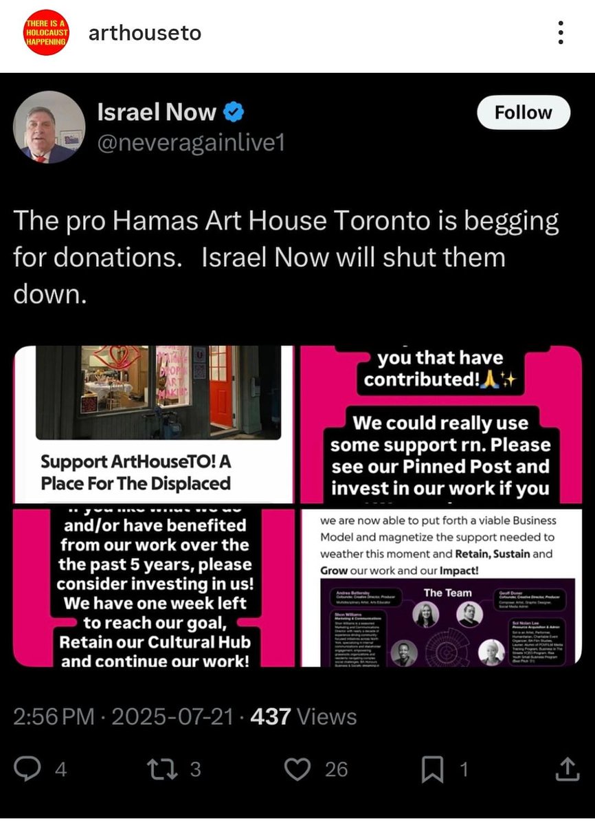 neveragainlive1's tweet image. I am determined to shut down the pro Hamas Art House Toronto. Please make a donation to Israel Now.
israelnow.ca/donate/