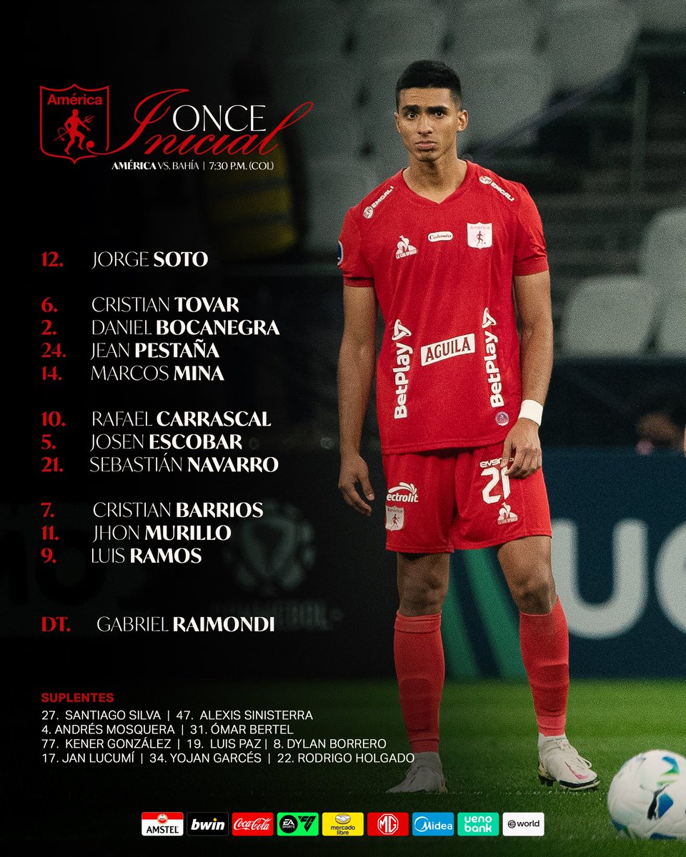 MarioSanchezVe's tweet image. Jhon Murillo será TITULAR con América de Cali ante Bahía en la vuelta de los 16vos de final de la Copa Sudamericana (Global 0-0).