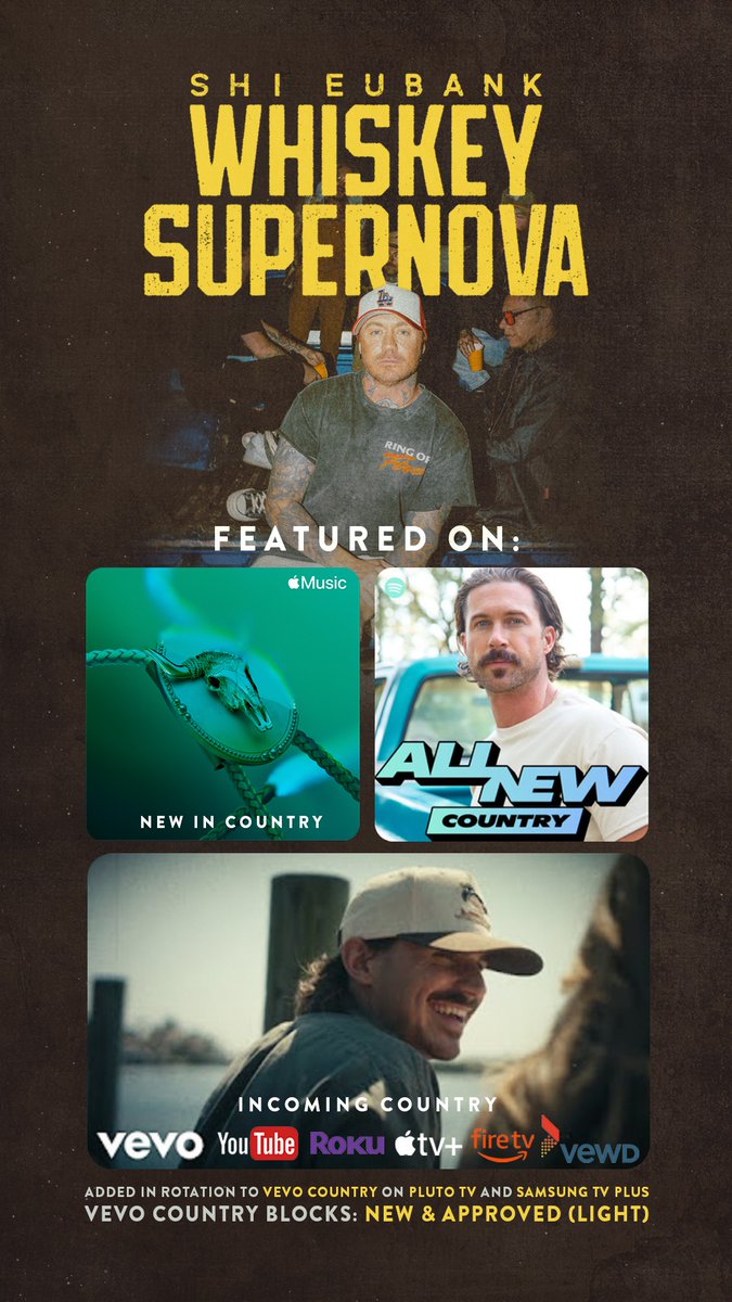 🎵 <a href="/Shi_Eubank/">Shi</a>'s "Whiskey Supernova" music video landed on <a href="/Vevo/">Vevo</a>'s "Incoming Country" playlist, marking it as a rising hit! It's also been added to <a href="/AppleMusic/">Apple Music</a>'s "New In Country" and <a href="/Spotify/">Spotify</a>'s "All New Country" playlists 🔥

shieubank.komi.io
