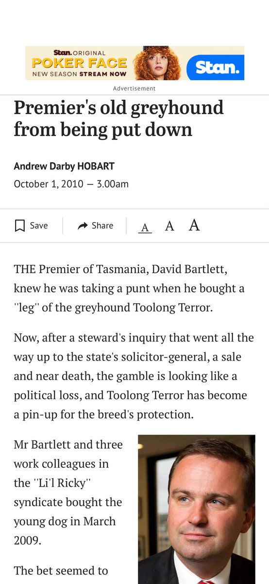 Deb_Fleming's tweet image. Interesting resurfacing of 2010 story in light of @Bartlett_DJ comments to @LeonCompton re #GreyhoundRacing and indis. I wonder if David’s views have shifted at all since then? 😀🤞🤞@TasmanianLabor . Source: Brisbane Times #politas
share.google/K2ULJLyN8C1tee…