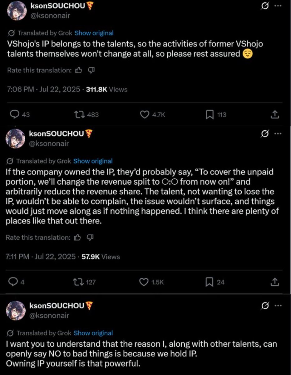 Awk20000's tweet image. Kson tweets out that the VTubers who left VShojo own their IP and nothing will change
“VShojo’s IP belongs to the talents..activities of former talents won’t change at all..rest assured”