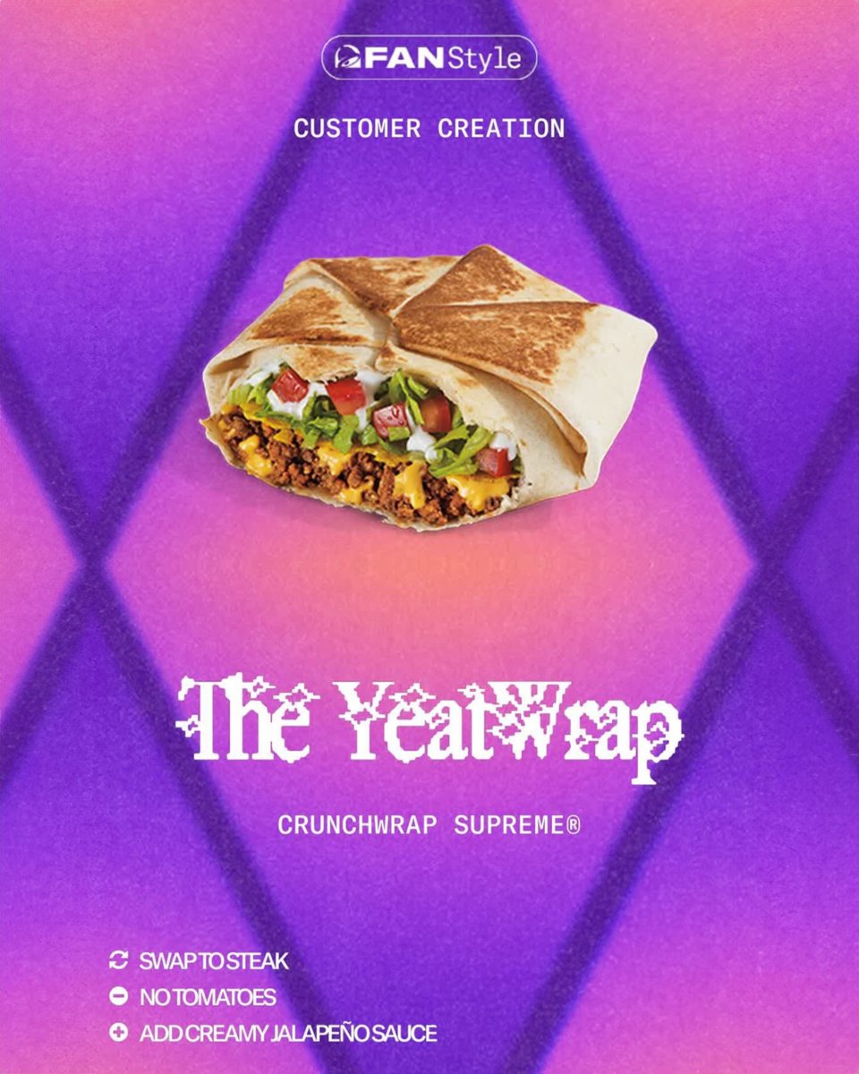 ModernNotoriety's tweet image. Yeat unveils the YeatWrap, his own custom menu item from Taco Bell's new Fanstyle program