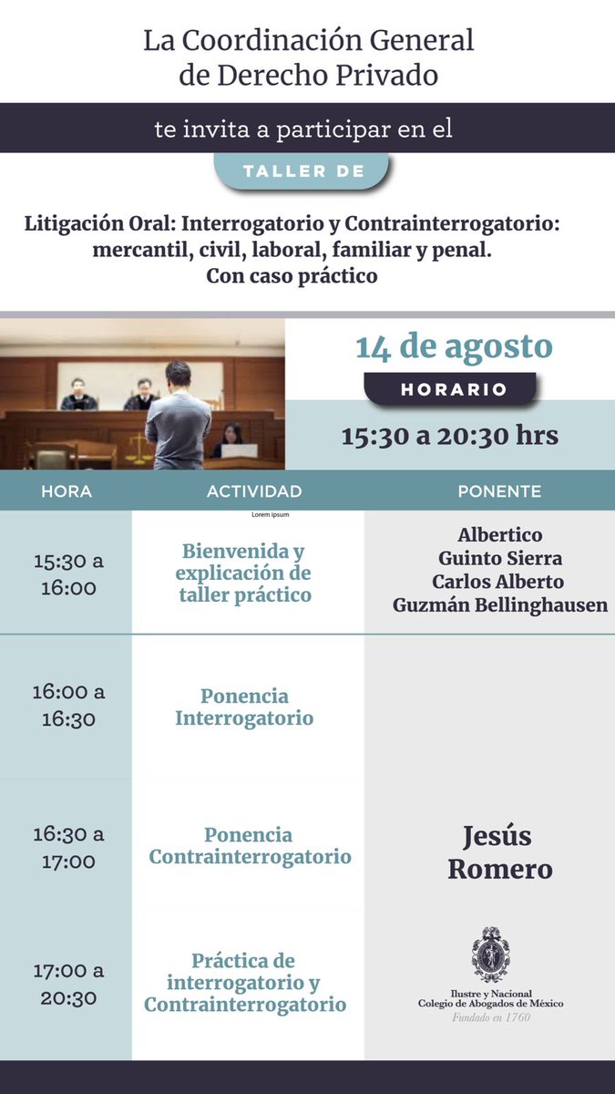 Colegio de Abogados (@incam_abogados) on Twitter photo El taller "Litigación Oral: Interrogatorio y Contrainterrogatorio: mercantil, civil, laboral, familiar y penal" iniciará el próximo jueves 14 de agosto, donde contaremos con la participación del Mtro. Jesús Romero.
Inscríbete al correo colegiodeabogados@incam.org
<a href="/AlberticoGS/">Dr. Albertico Guinto Sierra</a> El taller "Litigación Oral: Interrogatorio y Contrainterrogatorio: mercantil, civil, laboral, familiar y penal" iniciará el próximo jueves 14 de agosto, donde contaremos con la participación del Mtro. Jesús Romero.
Inscríbete al correo colegiodeabogados@incam.org
<a href="/AlberticoGS/">Dr. Albertico Guinto Sierra</a>