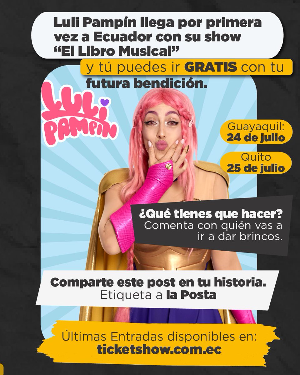 ¡Es hora de conquistar al hijo de tu amor! Gánate un pase doble pa’ ver a Luli Pampín en Guayaquil o Quito. Solo comenta con quién vas y comparte este post. ¡A romperla con Aram Sam Sam! 🌈💃 

No te olvides de compartir este post en tus historias y etiquetar a <a href="/lapostaec/">La Posta</a>