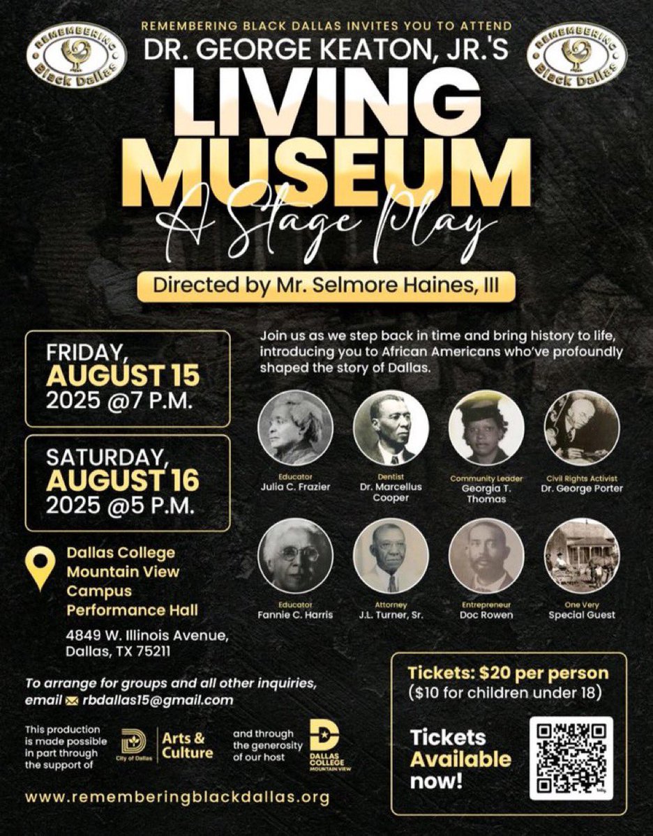 Did you get your tickets yet? RBD’s play, “Dr. George Keaton, Jr.’s Living Museum,” is less than a month away! It’s happening Friday, August 15 and Saturday, August 16 at Dallas Colleg’s Mountain View Performance Hall! Journey to the last with us: rememberingblackdallas.org/events