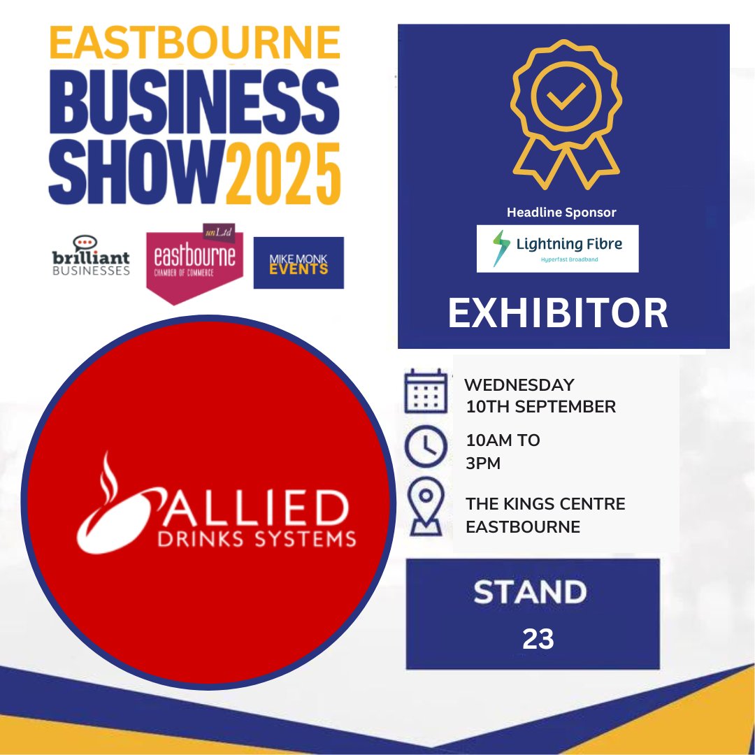 Join Allied Drinks Systems at Eastbourne Business Show in September. To book one of the last stands, visit: tinyurl.com/45bnsyfs. To register for a free visitor pass, go to: tinyurl.com/x4u627kz.    
#Eastbourne #Sussex #tradeshow